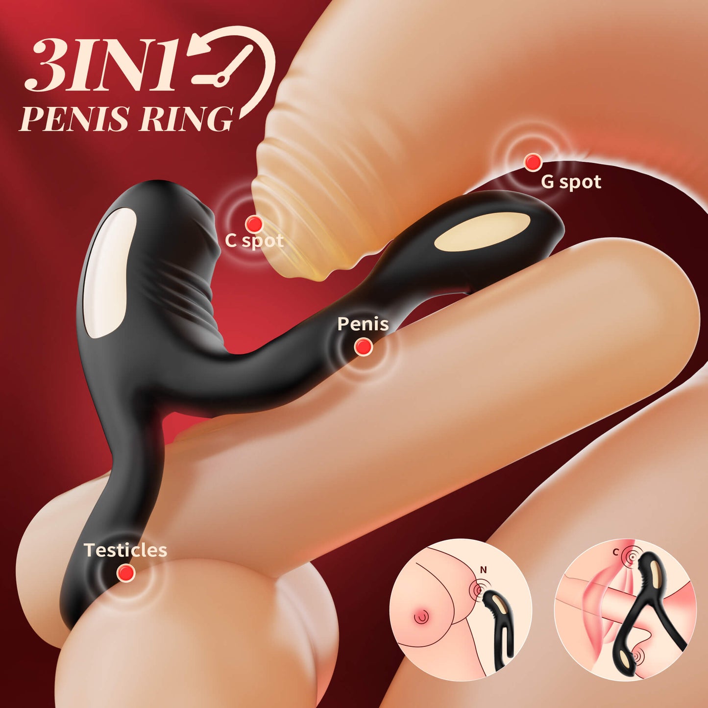 3 in 1 Multi Stimulation Vibration Penis Ring with Double Rings