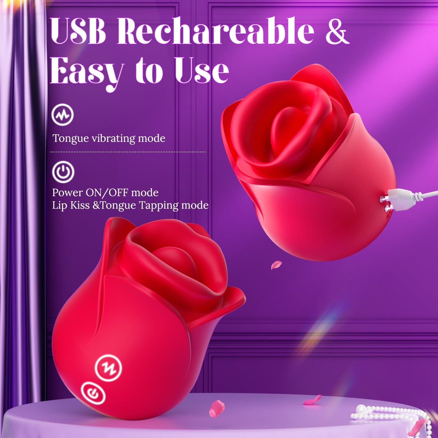 3 in 1 Lip Kissing and Tongue Tapping Rose Vibrator for Female