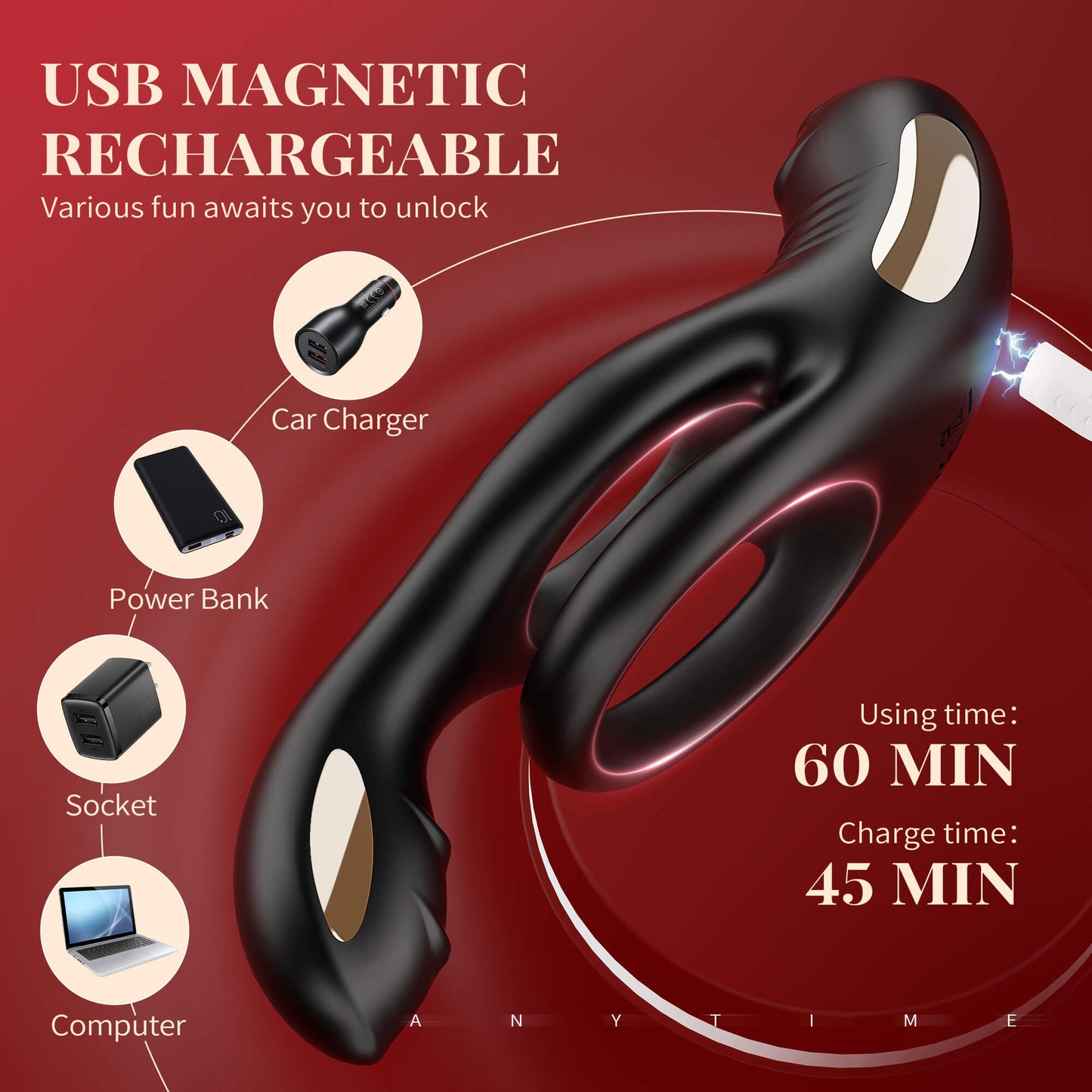 3 in 1 Multi Stimulation Vibration Penis Ring with Double Rings